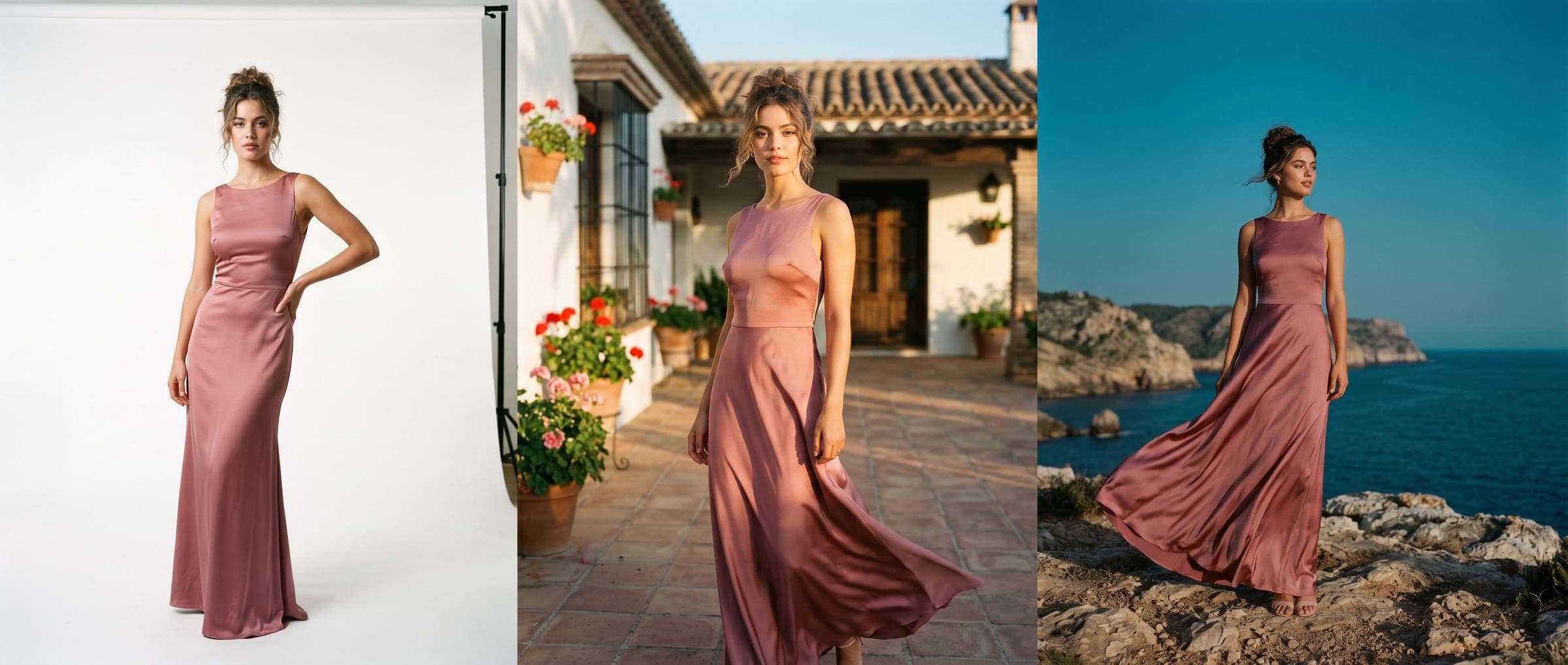 Misma prenda en tres escenarios: estudio, evento y exterior